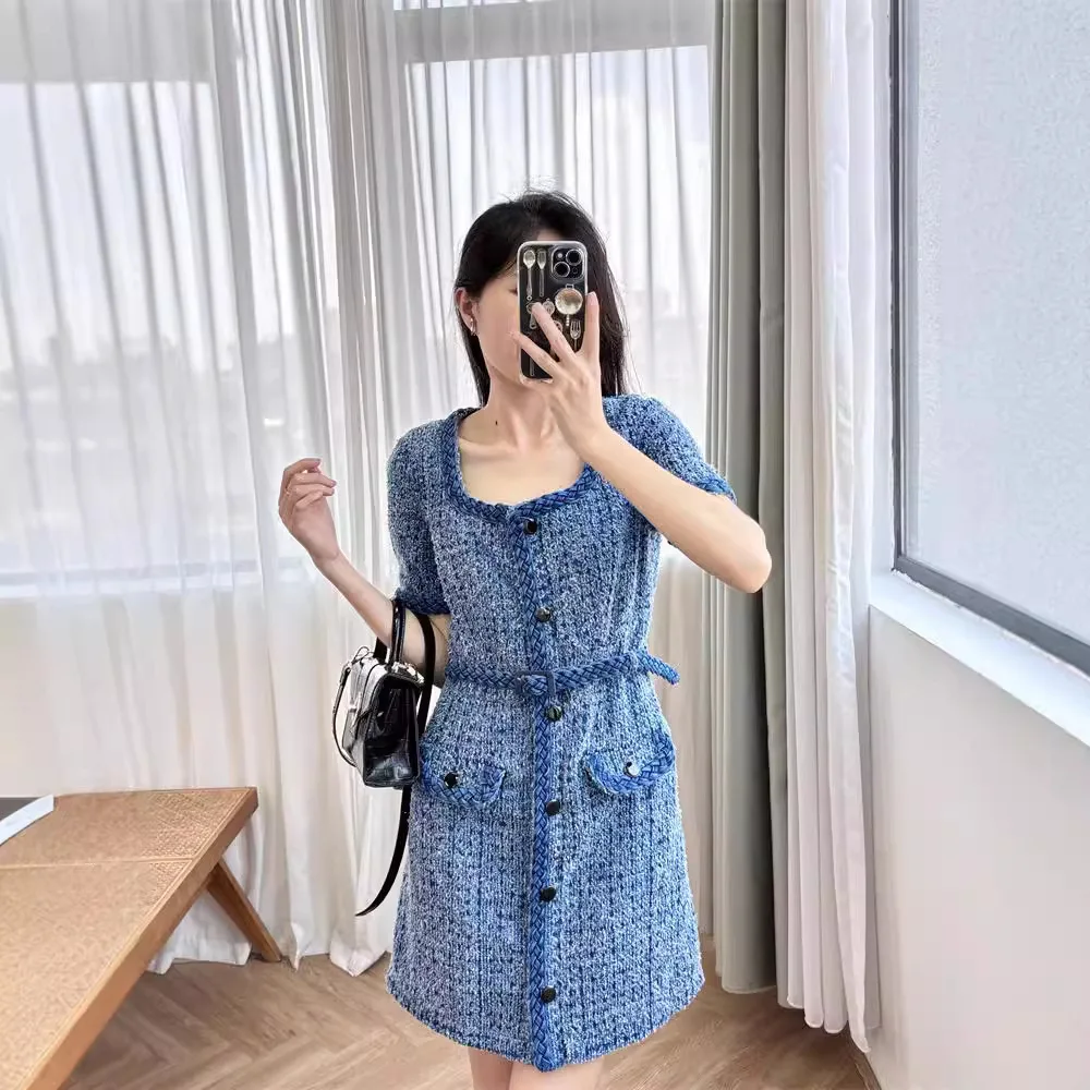 Quality Autumn Winter Denim Blue Coarse Tweed Short Dress Women Elegant Vintage Retro Prom Party Vestidos Mini