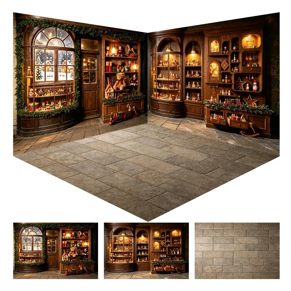 Christmas Toy Shop Corner Photo Backdrop Vintage Store Window Scene for Holiday Portrait Party Photo Studio Shooting Decor Props