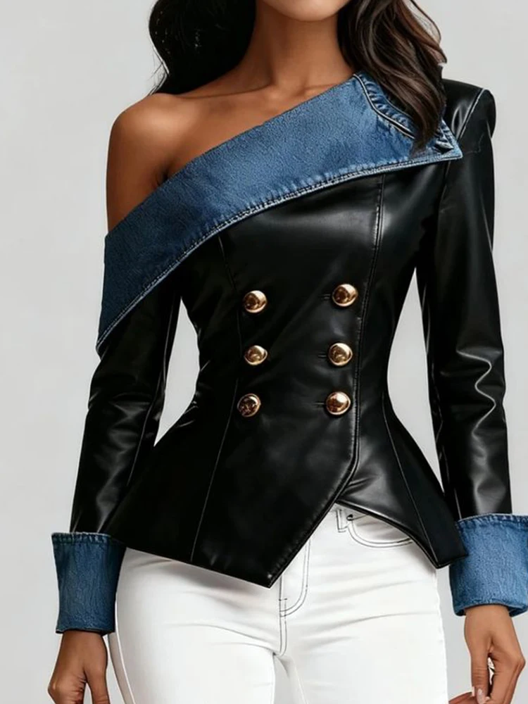Schulterfreie Bluse aus Denim mit Kunstleder-Einsätzen, Doppelreihig Geknöpft, Schlanke Passform, Lange Ärmel mit Unregelmäßigem Saum, Damen-Outfit – Detail 1