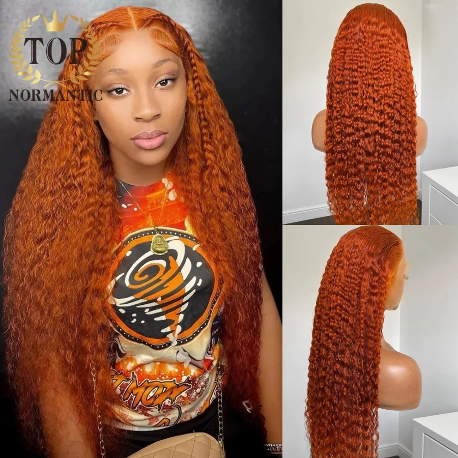 Topnormantic Orange Color Deep Curly Wigs for Women 13x6 Lace Front Wig Preplucked Brazilian Human Hair Transprarent Lace Wigs