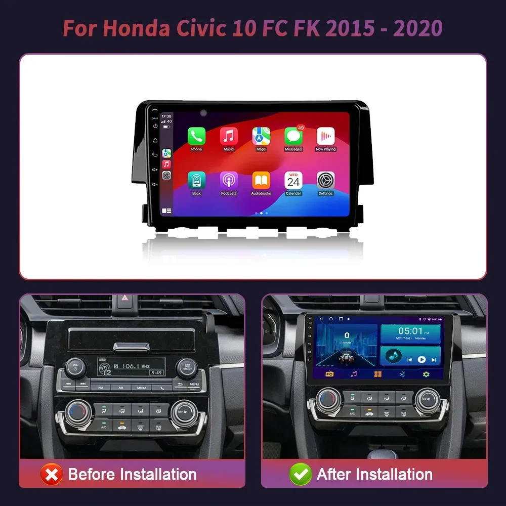 For Honda Civic 10 FC FK 2015 -2020  Car Radio Navigation Wireless CarPlay  Android Multimedia GPS 2 Din Screen Stereo