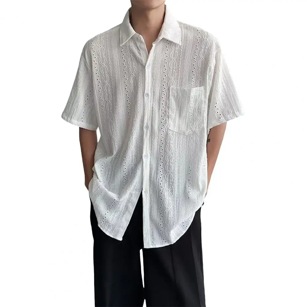 Men Shirt Short Sleeves Hollow Out See-through Turn-down Collar Retro Loose Club Male Charm Business Shirt ropa hombre