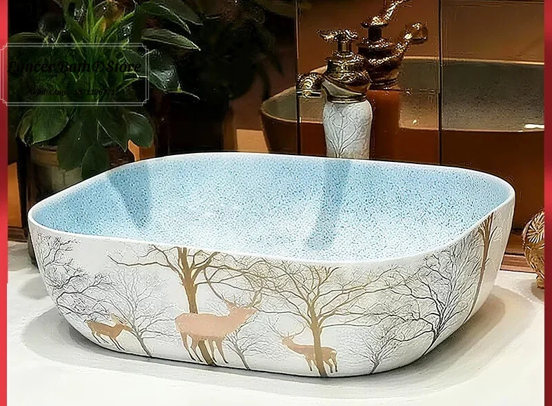 Vintage Square Ceramic Countertop Basin, European Art Hand Wash Sink for Bathroom, Home Vanity Washbasin