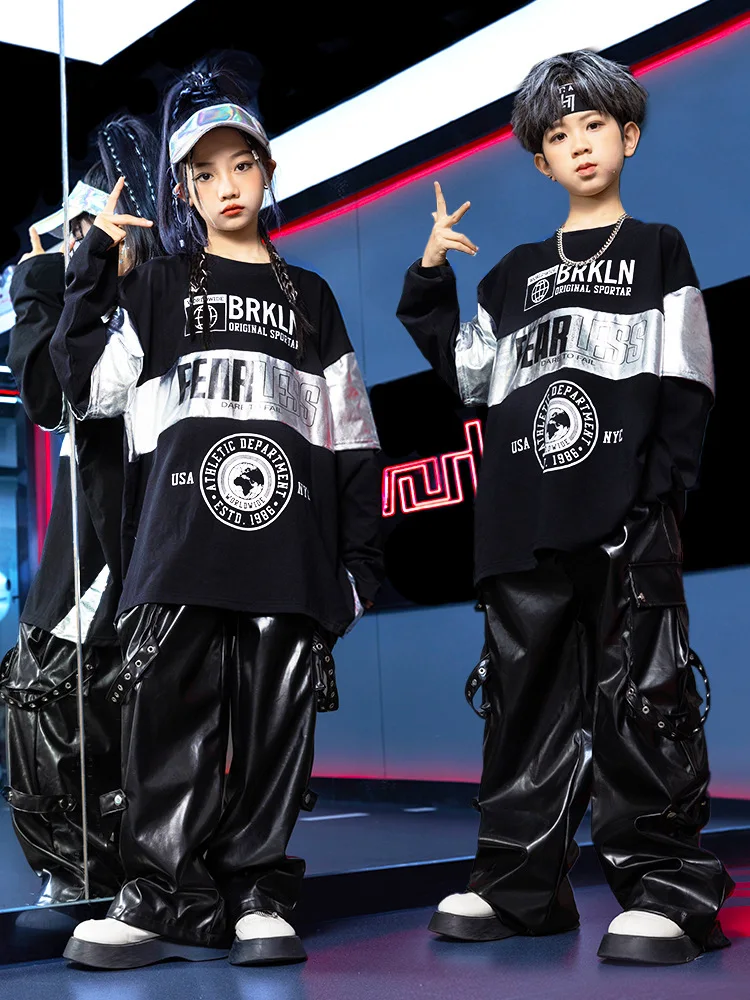 

Kid Cool Hip Hop Clothing Black Letters Sweatshirt Faux Leather Casual Strap Cargo Pants for Girl Boy Jazz Dance Costume Clothes