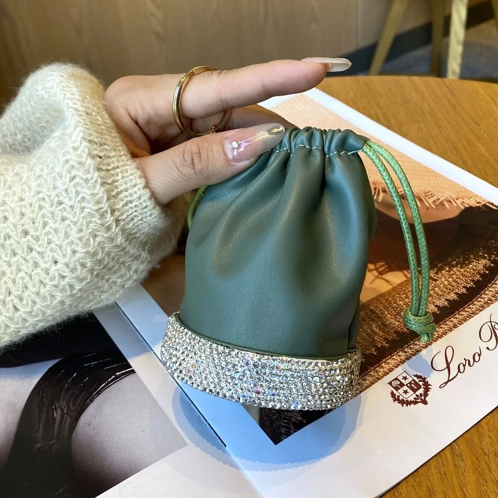 

Light Luxury Bucket Coin Purse Versatile Design Wax Rope Drawstring Mini Handbag with Keychain Lipstick Bag Earphone Storage Bag