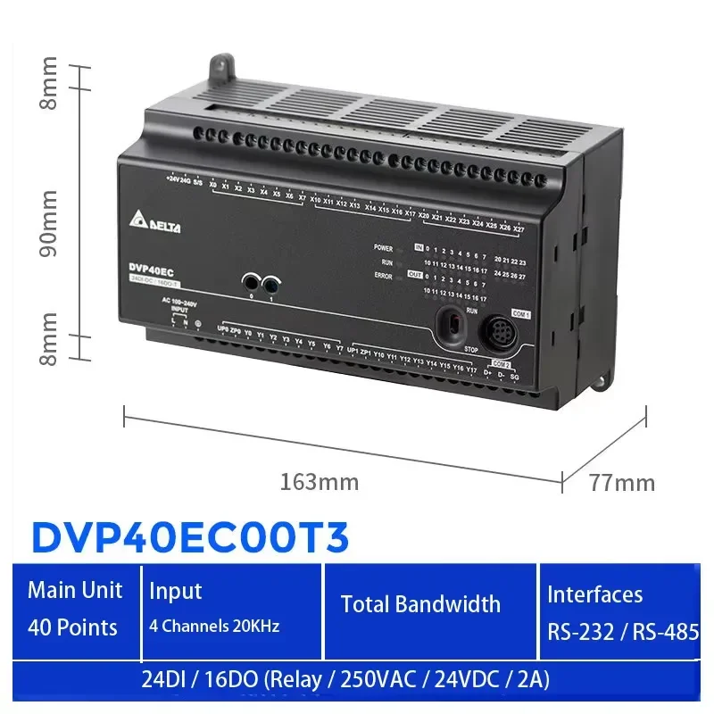 Fast Shipping New DVP40EC00T3 PLC 24DI 16DO NPN Transistor 40 Points Industrial Programmable Logic Controller