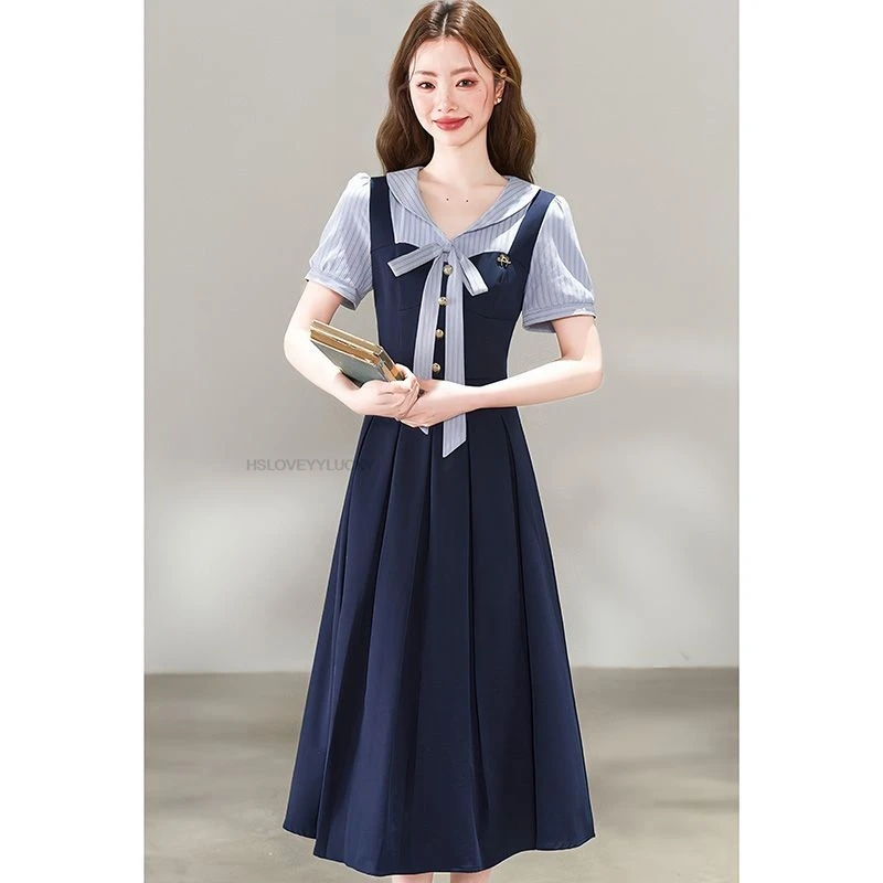 Korean Style College Style Sweet Fake Two Short Sleeved Striped Contrasting Dresses Waist Cinching Slimming Dress Jk Uniform
