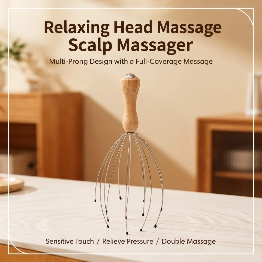 Wood Handle Head Massager Round Tip Flexible Metal Wire Scalp Relax Tool Eight Claw Frame Smooth End Head Scratcher