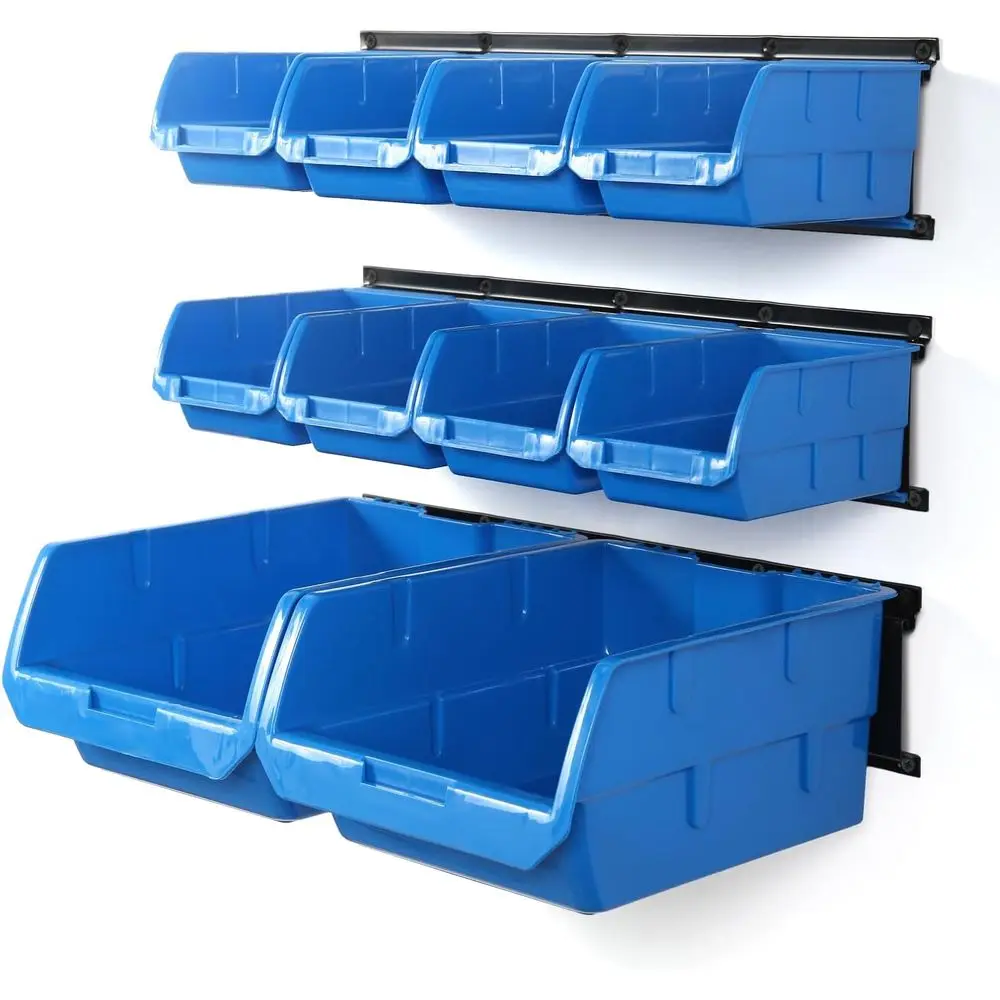 

Wall Mounted Storage Bins, 10 Bins & 3 Rails, Wall Mount Tool Organizer, Hardware Storage Organizer (Blue)