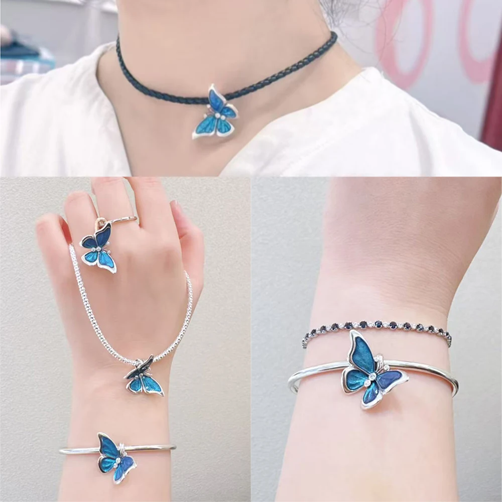 Potdemiel silver-plated blue butterfly-shaped & football bead pendant - suitable for DIY bracelet jewelry