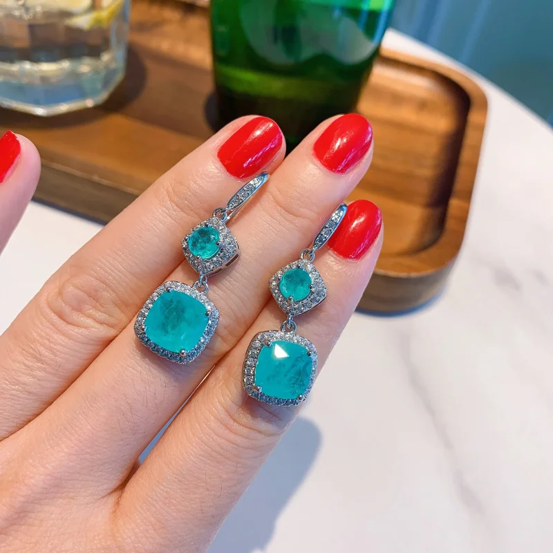 

European and American Style Grandmother Earrings Paraiba Fat Square Earrings