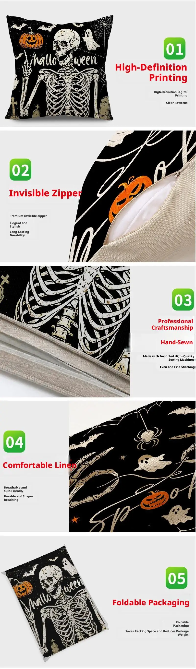 2 Stück Halloween-Totenkopf-Kissenbezüge, Dekokissen mit Kürbis- und Krähendruck für Wohnzimmer-Sofa – Detail 6