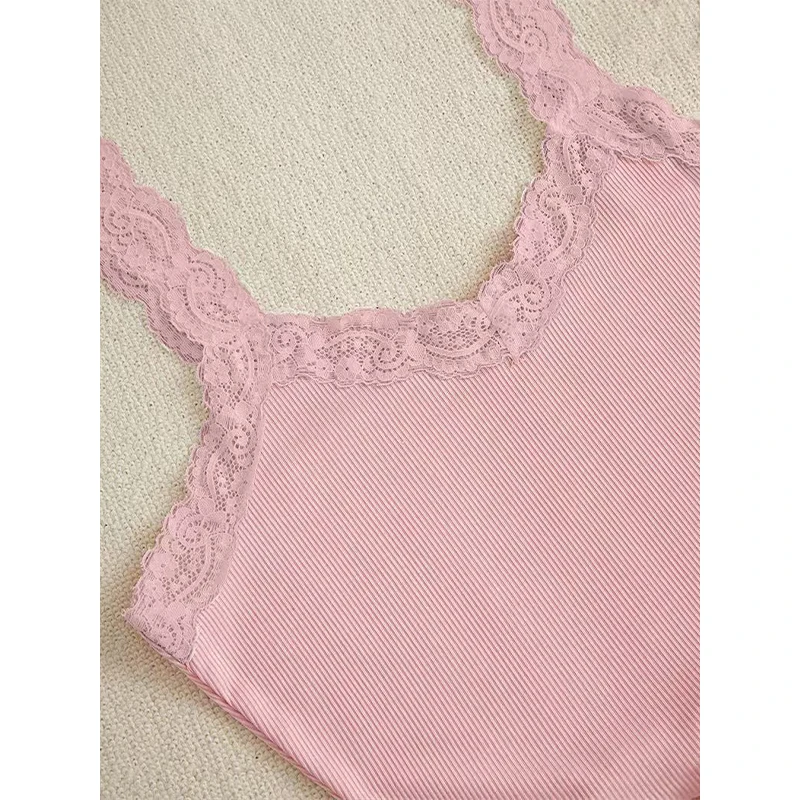 Women Two-piece Summer Sexy Pajama Set Ribbed Knitted Flower Print Lace Trimmed Camisole Vest Bow Shorts Suspender Shorts Suit
