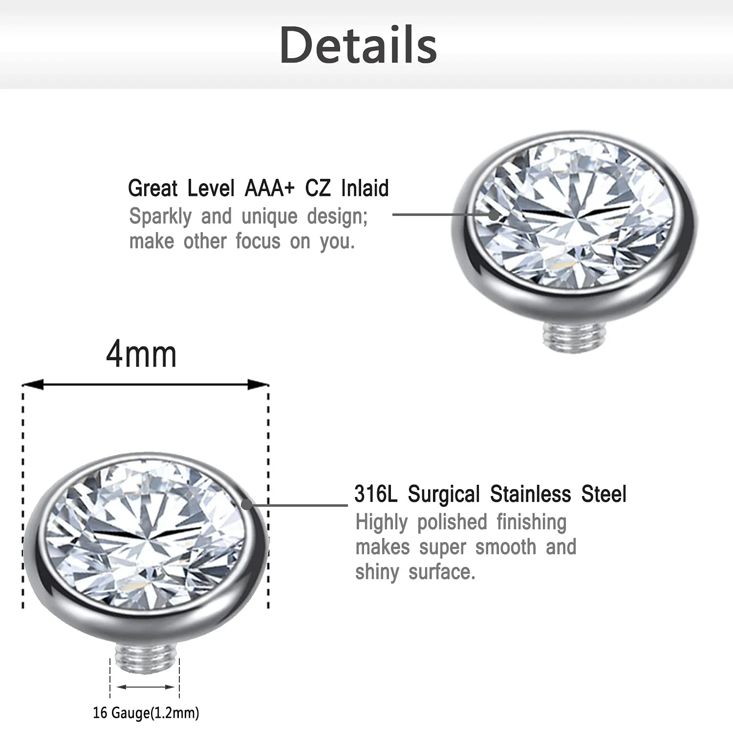 16PC Crystal Dermal Anchor Tops 3-6mm Surgical Steel Surface Piercing Skin Base Navel Skin Diver Dermal Anchor Top Body Jewelry