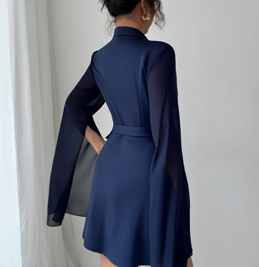 

Women's Elegant Long Sleeve Tied Dress Basic Style Female Daily Clothing Temperament Commuting Navy Blue Female Fashion Dresses