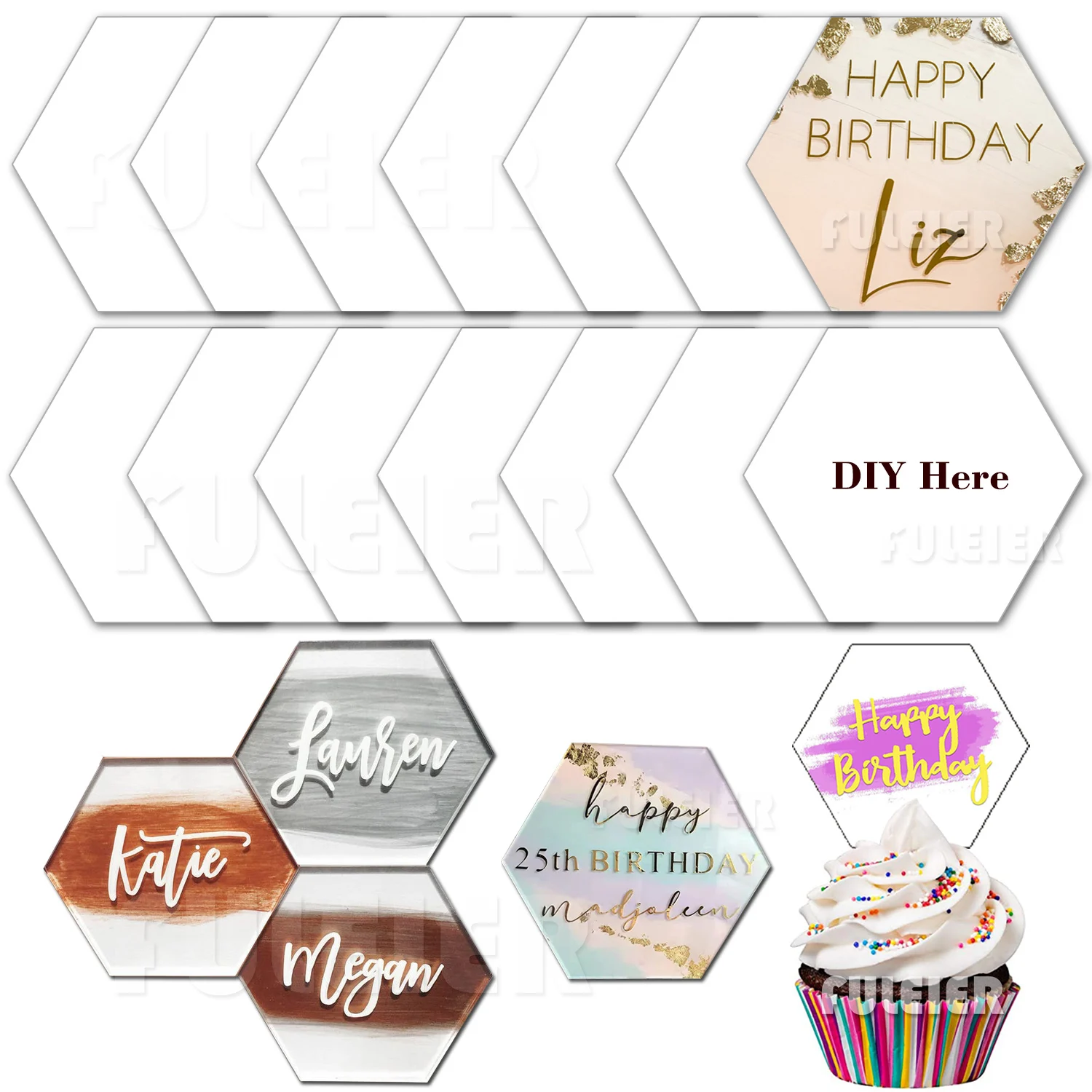 5/7cm Hexagon Acrylic Cake Toppers CupCake Decoration Tool  Circle Blanks Panel Painting DIY Crafts Acrylic Wedding Place Cards