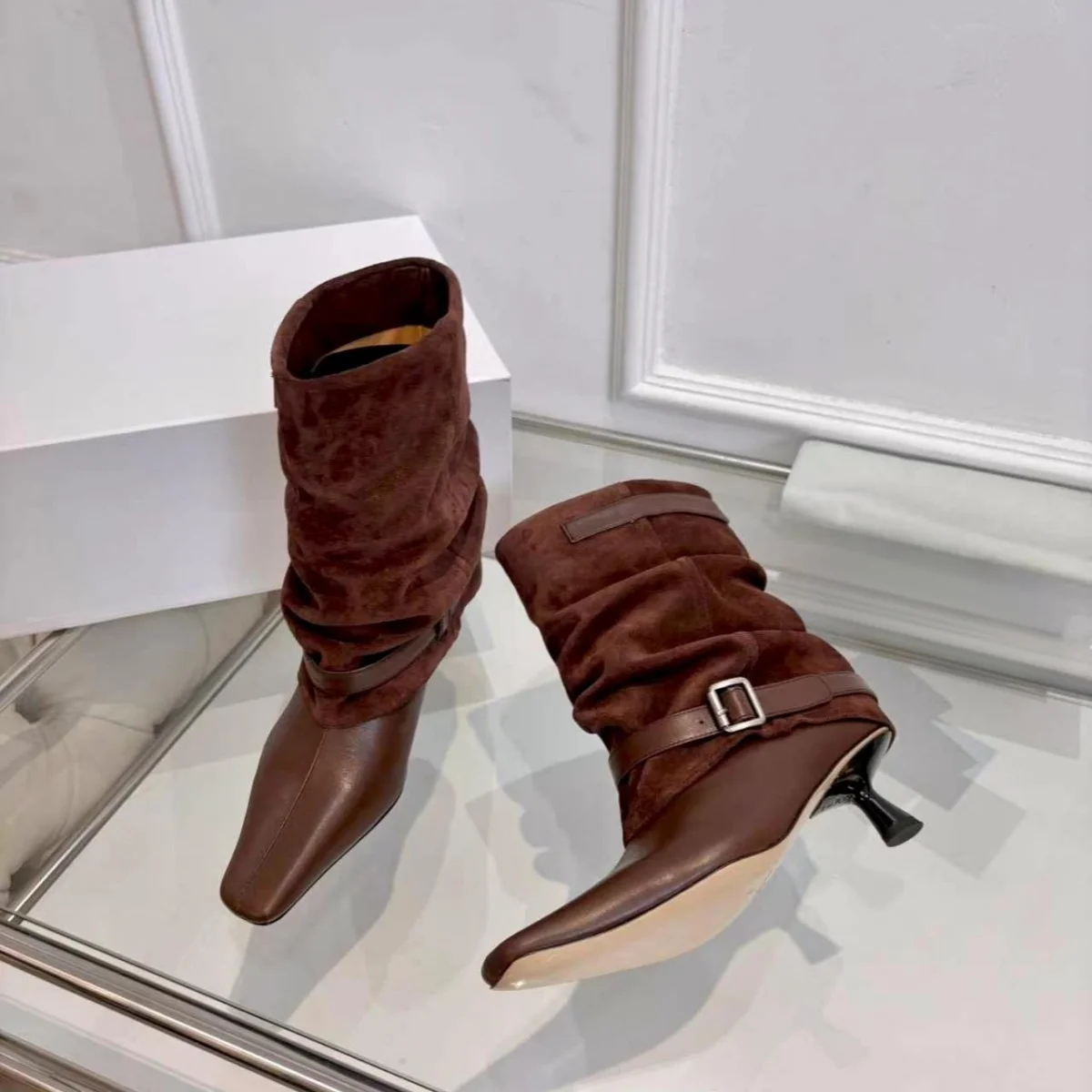 2026 High Quality Retro Splicing Stacked Thin Heeled Short Boots for Women--26022648