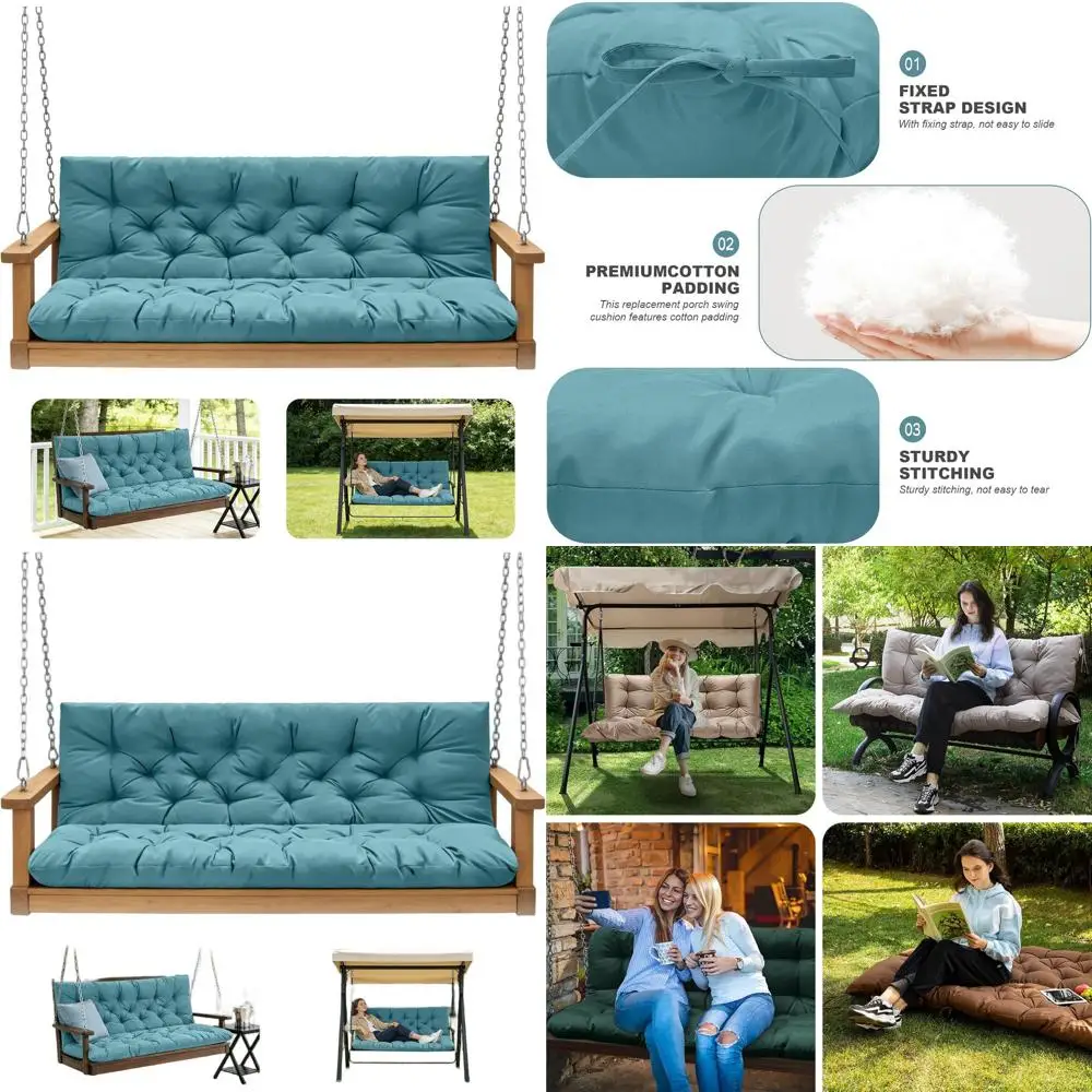 

3-Seater Waterproof Outdoor Swing Cushion with Backrest, Thickened Bench Cover for Porch, Patio, or Garden (Lake Blue, 60x40 inc