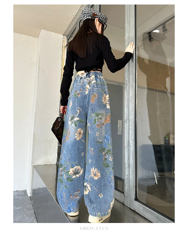 Designer-Jeans für Kinder im High-Street-Stil mit Blumenmuster für Mädchen, trendige Jeanshosen für Teenager, weite Jeanshosen mit Blumenmuster. – Detail 9
