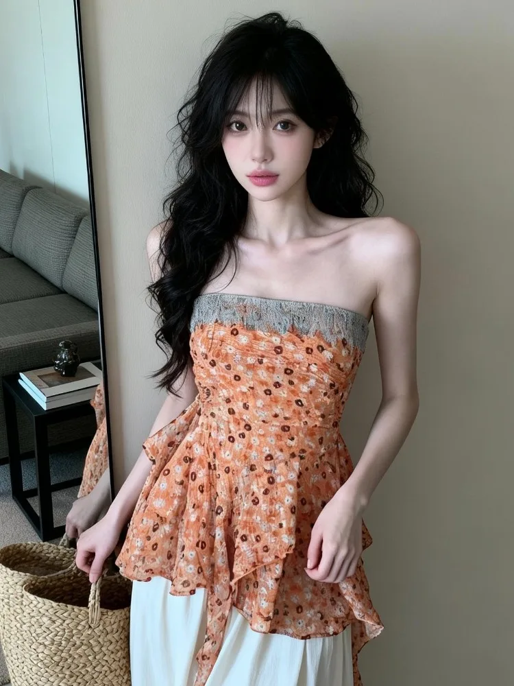 

Romantic Floral Print Halter Neck Asymmetrical Strap Top Women's Summer New Style One Shoulder Spicy Sleeveless Vest
