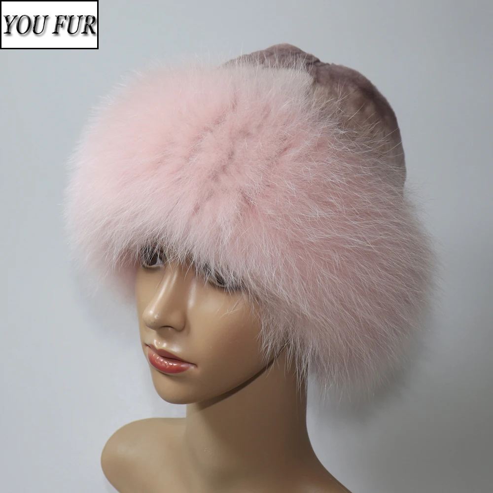 

Women Winter Hight Quality Hand Knitted Real Rex Rabbit Fur Hat Natural Soft Fox Fur Hats Warm Elasticity Thick Real Fur Caps