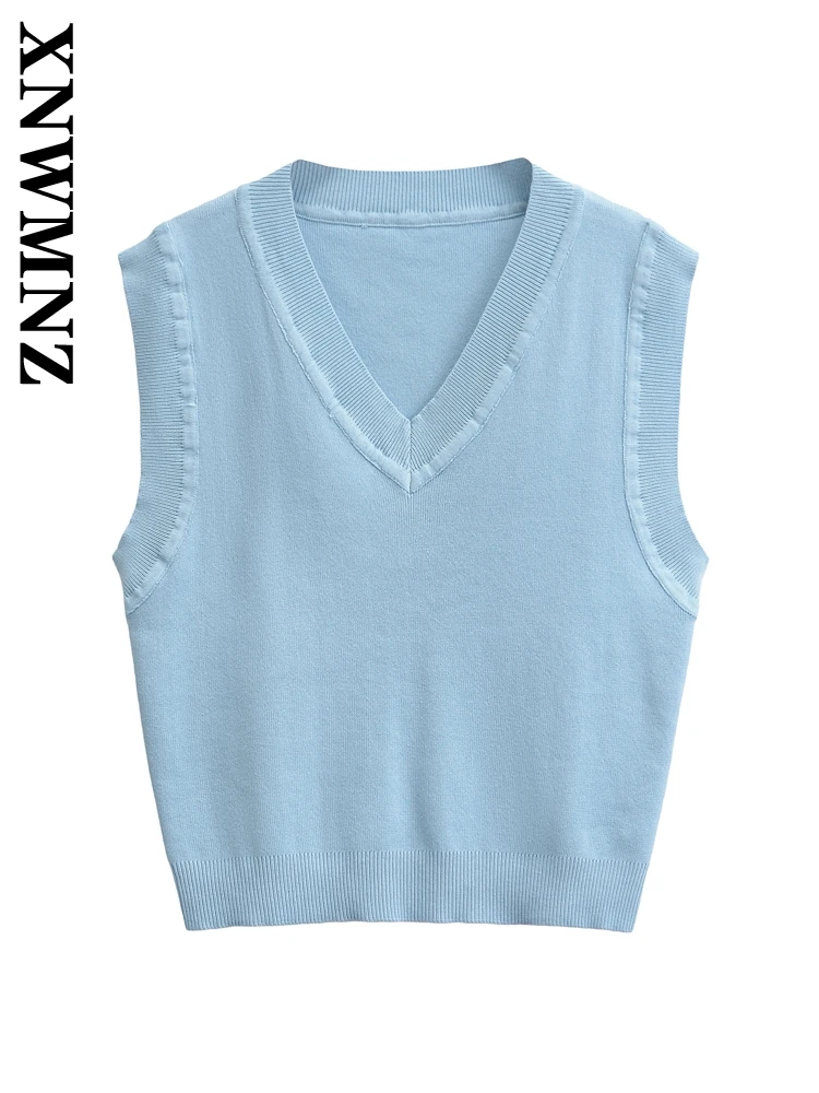 XNWMNZ Woman 2024 Autumn Vintage Knit V-Collar Screw Thread Sleeveless Vest Gilet Women Clothing Casual Solid Color Sweater Top