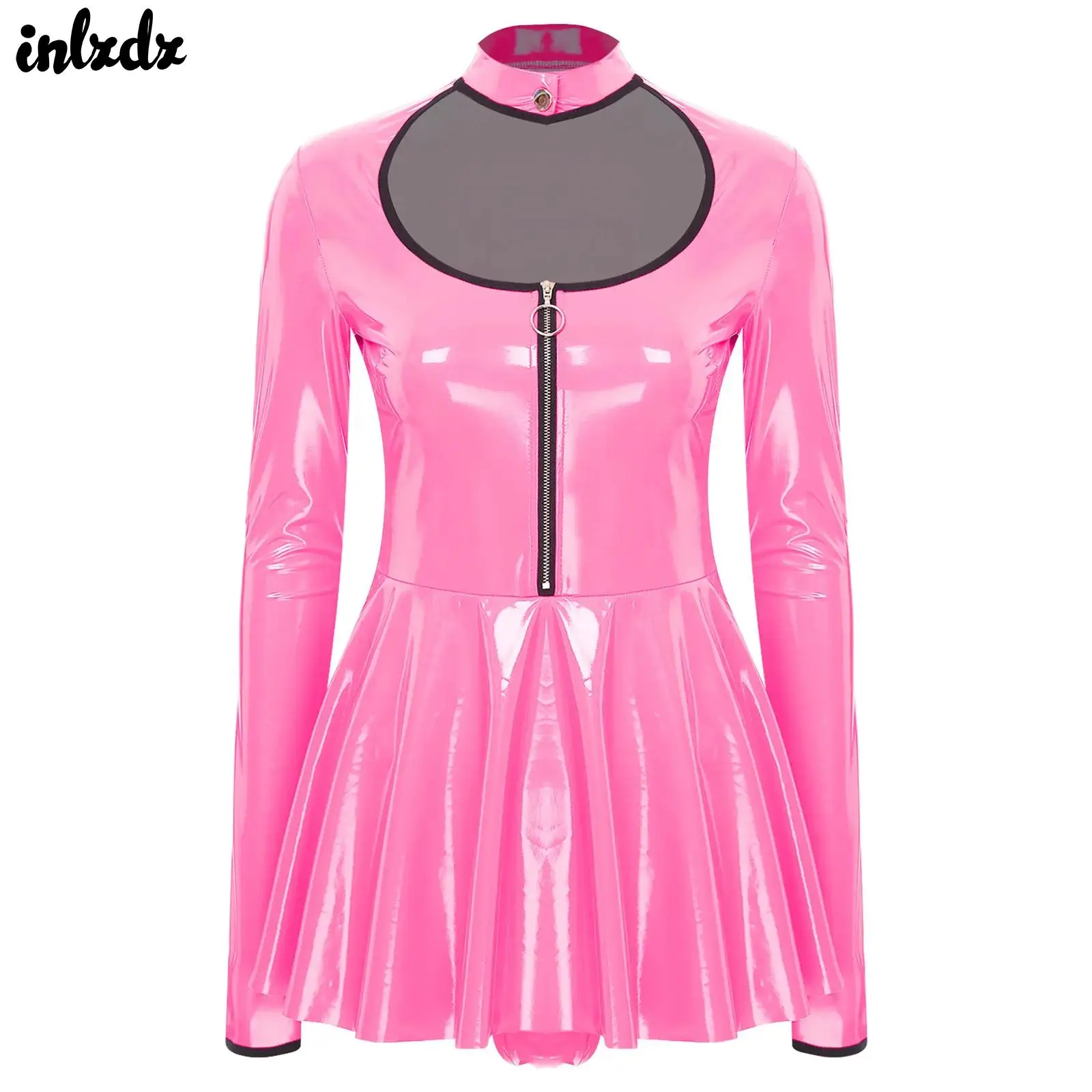 Womens Cut Out at Chest A-line Bodycon Latin Dress with Built-in Briefs Front Zipper Glossy Metallic Wet Look Clubwear Costume