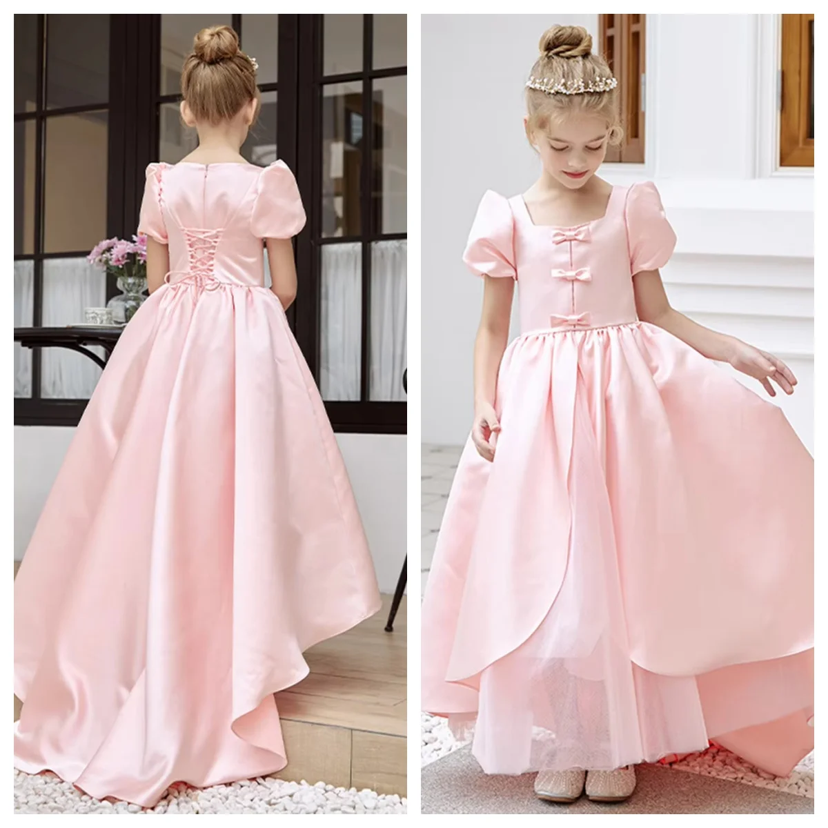 Customized Flower Girl Dress For Wedding Little Girl Host Piano Performance Dress Short Sleeve  Short Sleeve Pink Satin With Bow