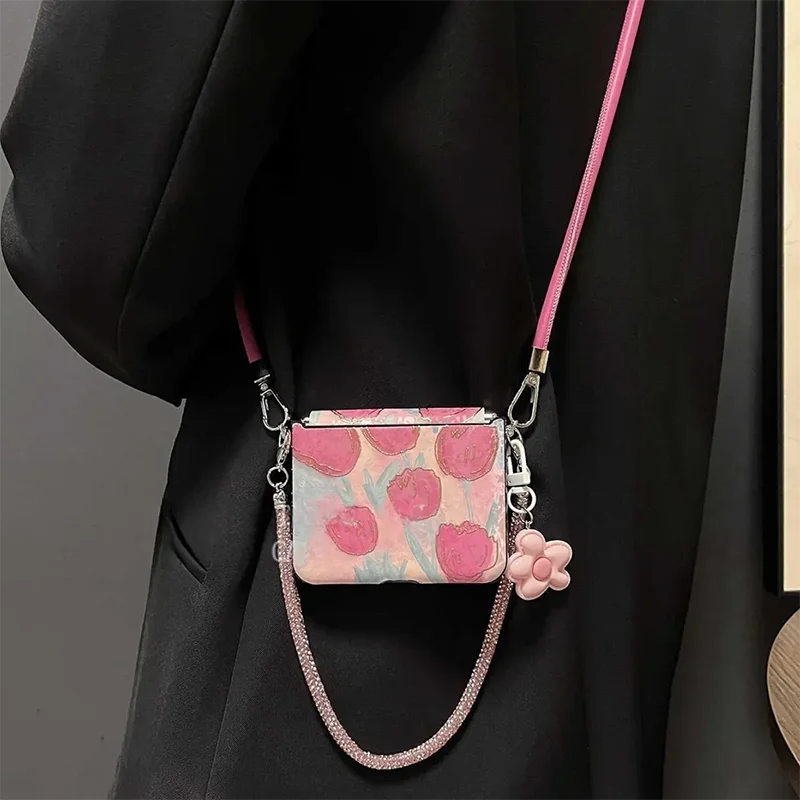 

Elegant Gold Foil Pink Tulip Leather Flip Phone Case For Xiaomi Mix Flip /Honor Magic V Flip Cover with Hand & Crossbody Lanyard