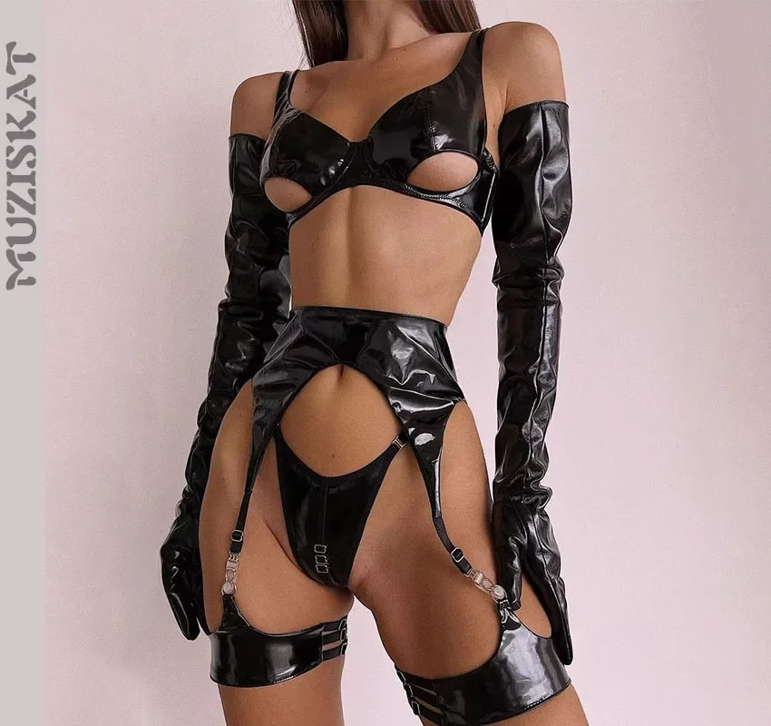 

MUZISKAT 2024 Sexy Female Erotic Set Patent Leather Temptation Sexy Hollow Low-Cut Lingerie Garter Four Pieces Onlyfans