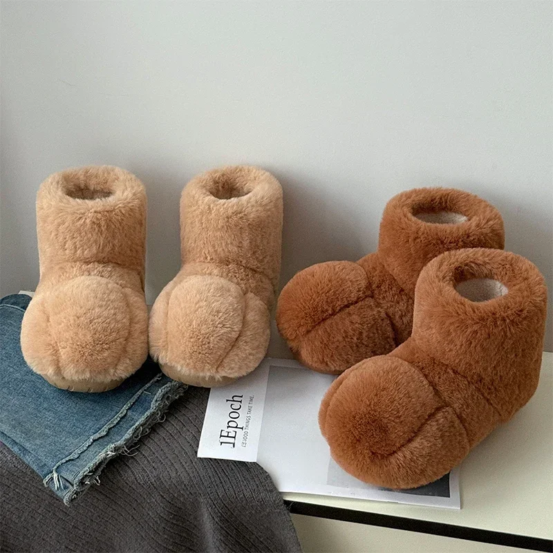 

Cute Furry Cat Paw Cotton Boots High Cut Fashion Imitation Fur Fluffy Women Comfort Flat Heel Cat Slippers Home Plush Warm Shoes