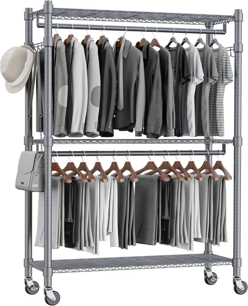 

Homdox 3 Shelves Wire Shelving Clothing Rolling Rack Heavy Duty Commercial Grade Garment Rack with Wheels and Side Hooks