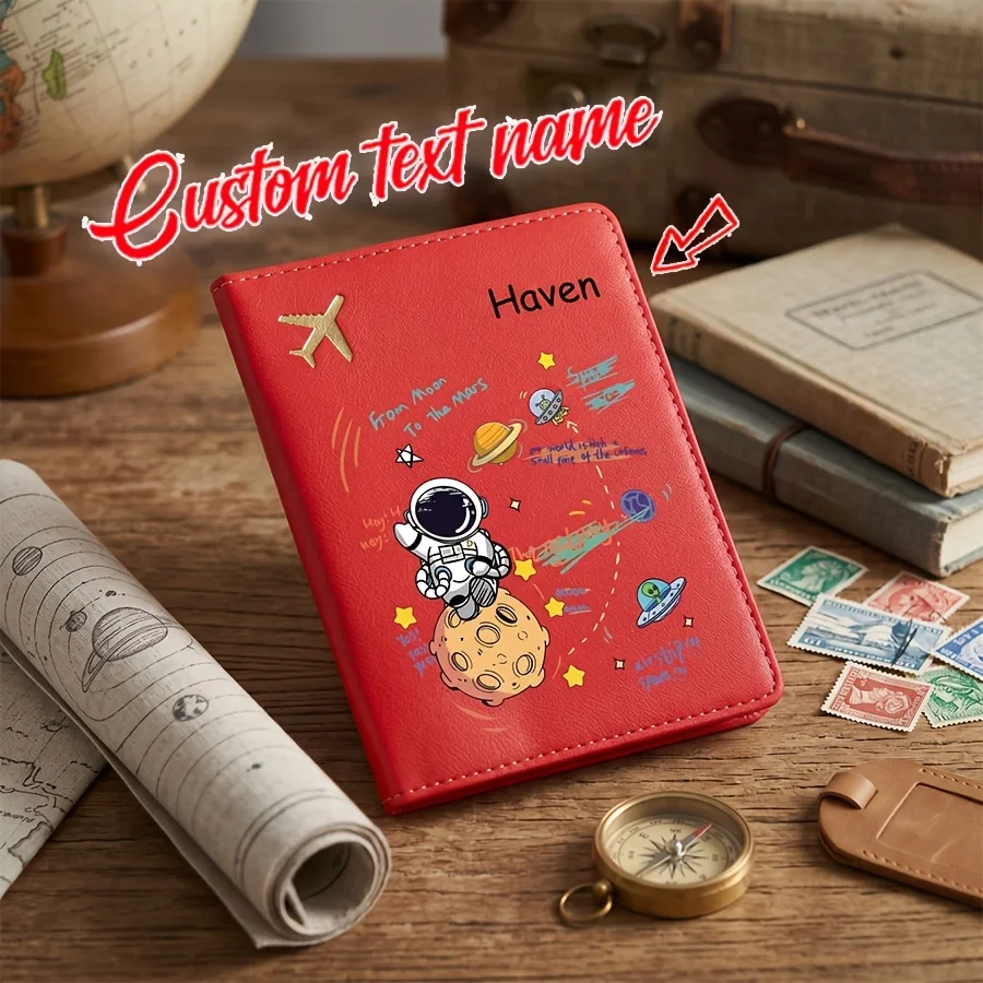 Custom Text Name Fashionable Passport Holder with Cute Cartoon Astronaut Design. a Convenient Open-close Closure for Easy Use