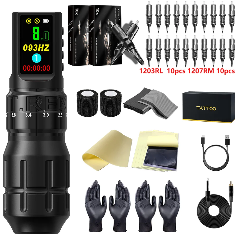 T‑Rex Wireless Tattoo Pen Kit Adjustable Stroke Rotary Tattoo Machine With 20Pcs Mixed Cartridge Needles Complete Tattoo Supply