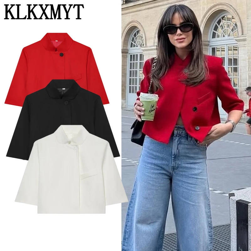 

KLKXMYT Women's Cropped Blazer Spring New Female Coats One-Button Half Sleeve Tops Lady Shoulder Pads Street Outerwear ﻿