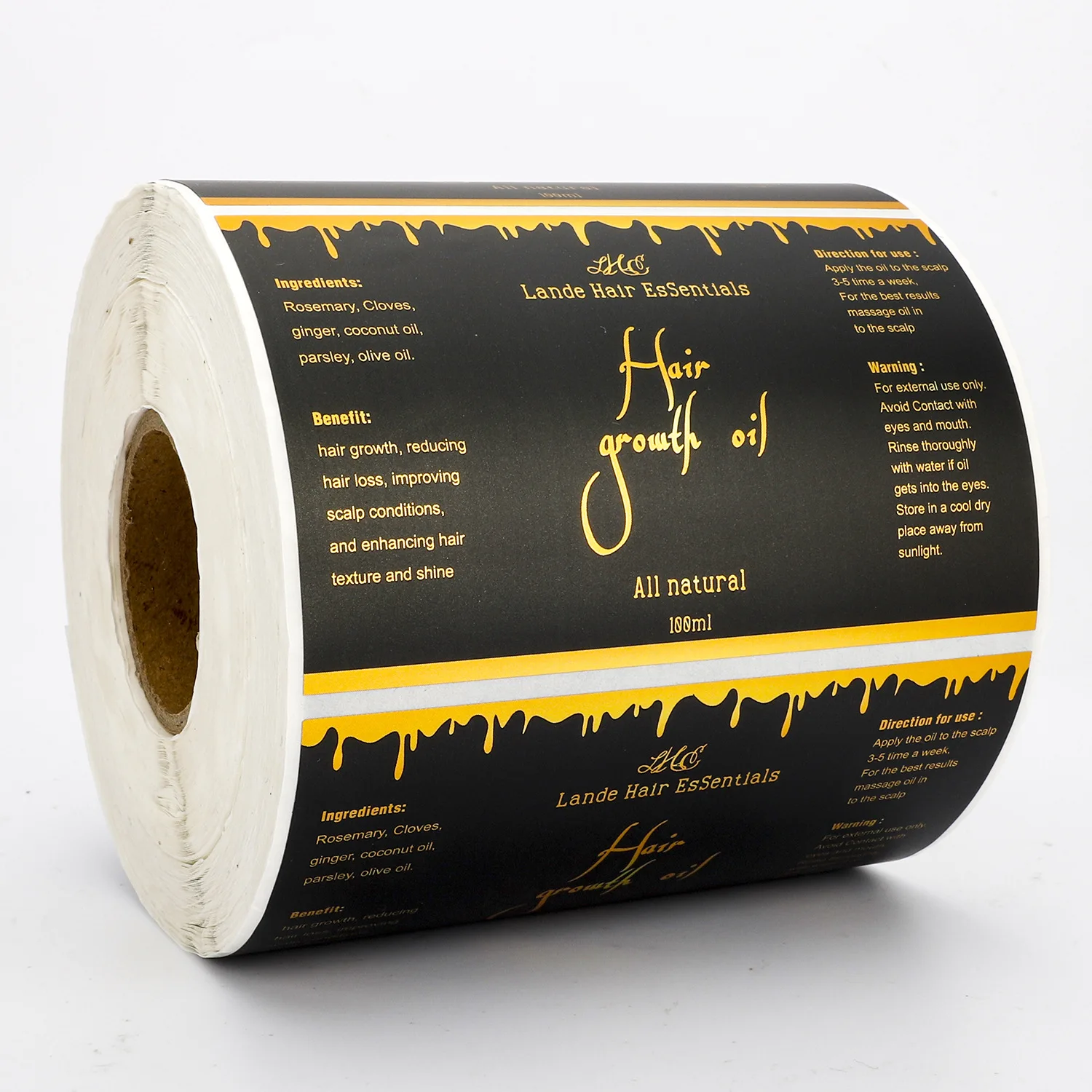 Customized Gold Foil Growth Hair Oil Black Stickers Printed Waterproof Dropper Bottle Packing Labels Personalized Cosmetic Label