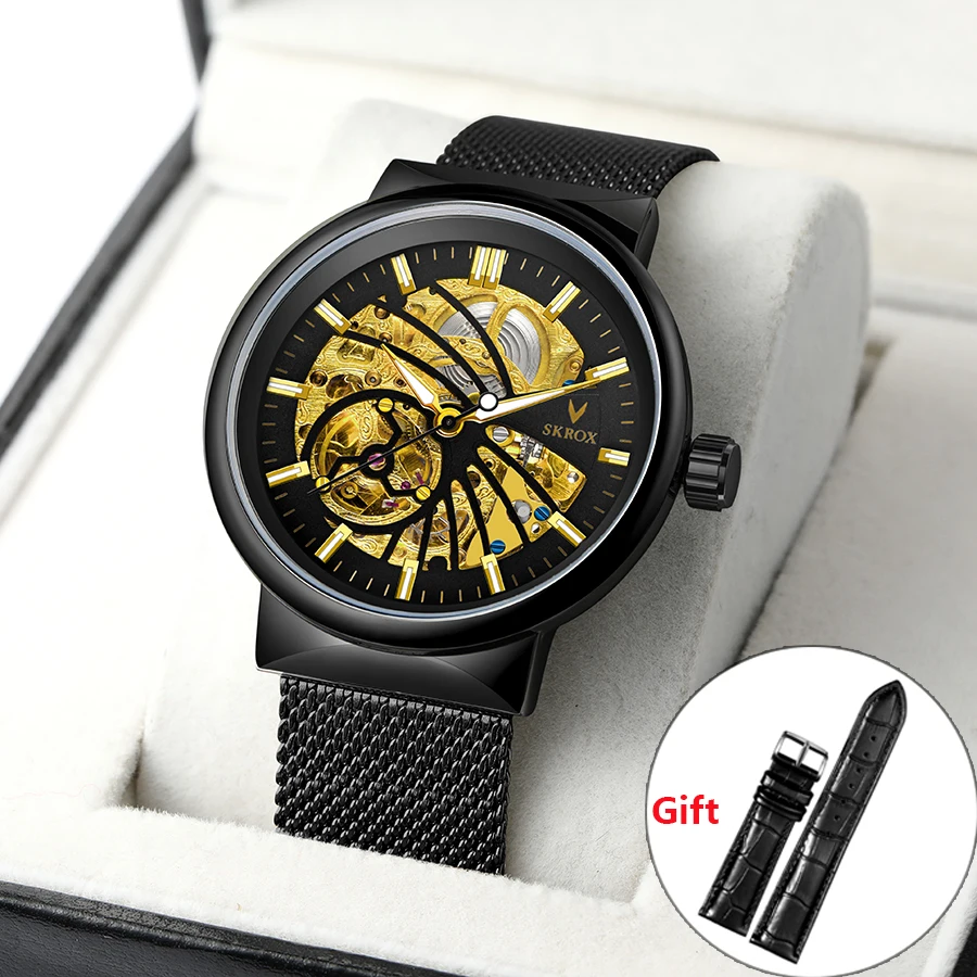 

Luxury Brands SKROX Thin Automatic Movement Man Watch Steel Skeleton Mechanical Vintage Mesh Strap Waterproof Fashion Wristwatch