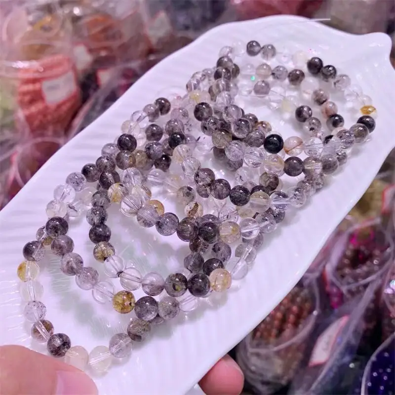 

7MM Natural Black Herkimer Diamond Bracelet Round Bead Women Beautiful Colorful Crystal Energy Healing Fashion Jewelry 1PCS
