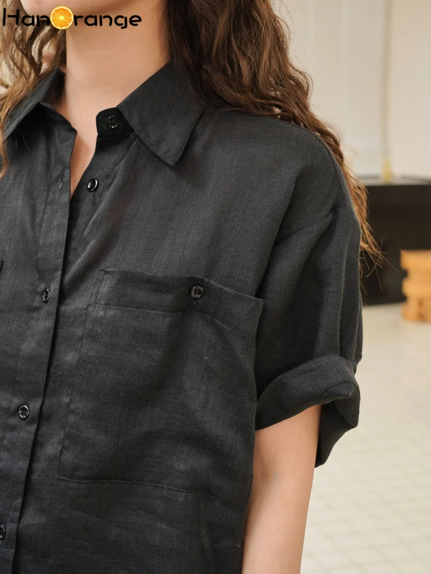 HanOrange 2024 Summer Retro Ramie Sunscreen Shirt Women Loose Dry Comfortable Top Female Vintage Black/Light Blue