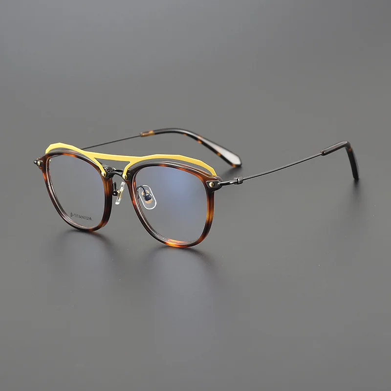 Originality Design Double Bridge Eyeglasses Frame Oval Acetate Tortoise Glasses with Pure Titanium Leg Men and Ladies Eyewear