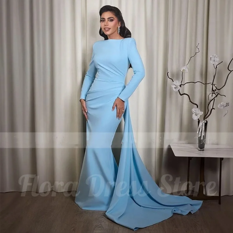 Flora Dress Blue Satin O-Neck Mermaid Evening Party Dresses Lace Long Sleeves Elegant Arabic Dubai Formal Dress Party Gowns