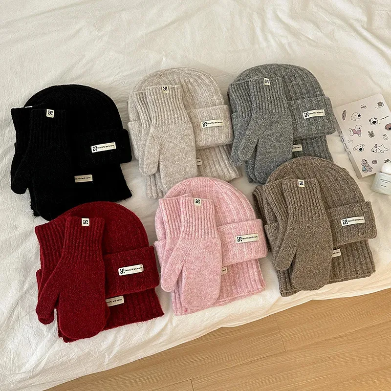 Set Tiga Potong Syal Rajut Sarung Tangan Topi Untuk Wanita&Pria Musim Dingin Tebal Hangat Topi Beanie Topi Anti Dingin Luar Ruangan Set Syal Sarung Tangan