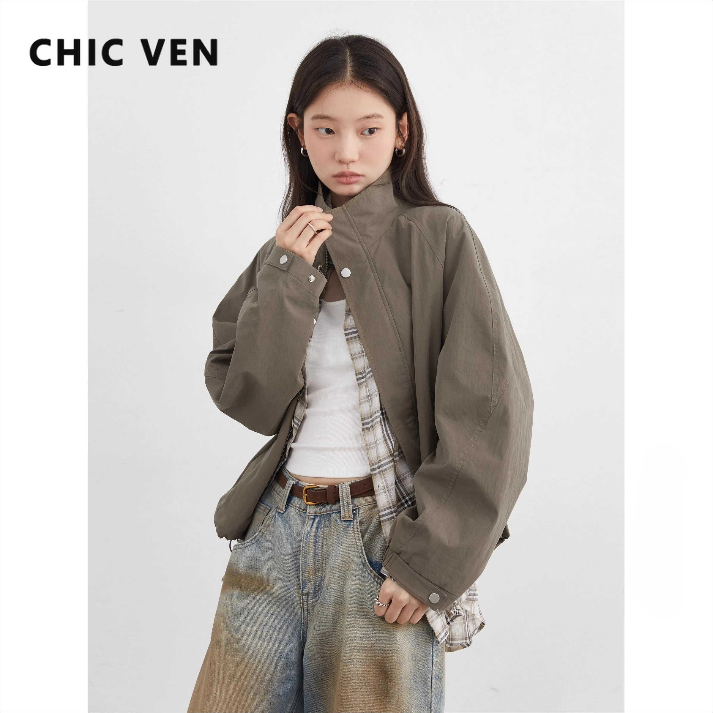 CHIC VEN Women Jackets WindproofLoose Casual Stand-up Collar Short Coat Drawstring Female Jacket Windproof Spring Autumn 2025