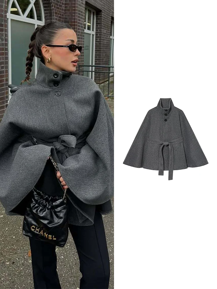 

TFMLN женский элегантный однотонный плащ модная водолазка на пуговицах с рукавами «летучая мышь» пальто с поясом осенняя новая шерстяная куртка для поездок на работу женская одежда