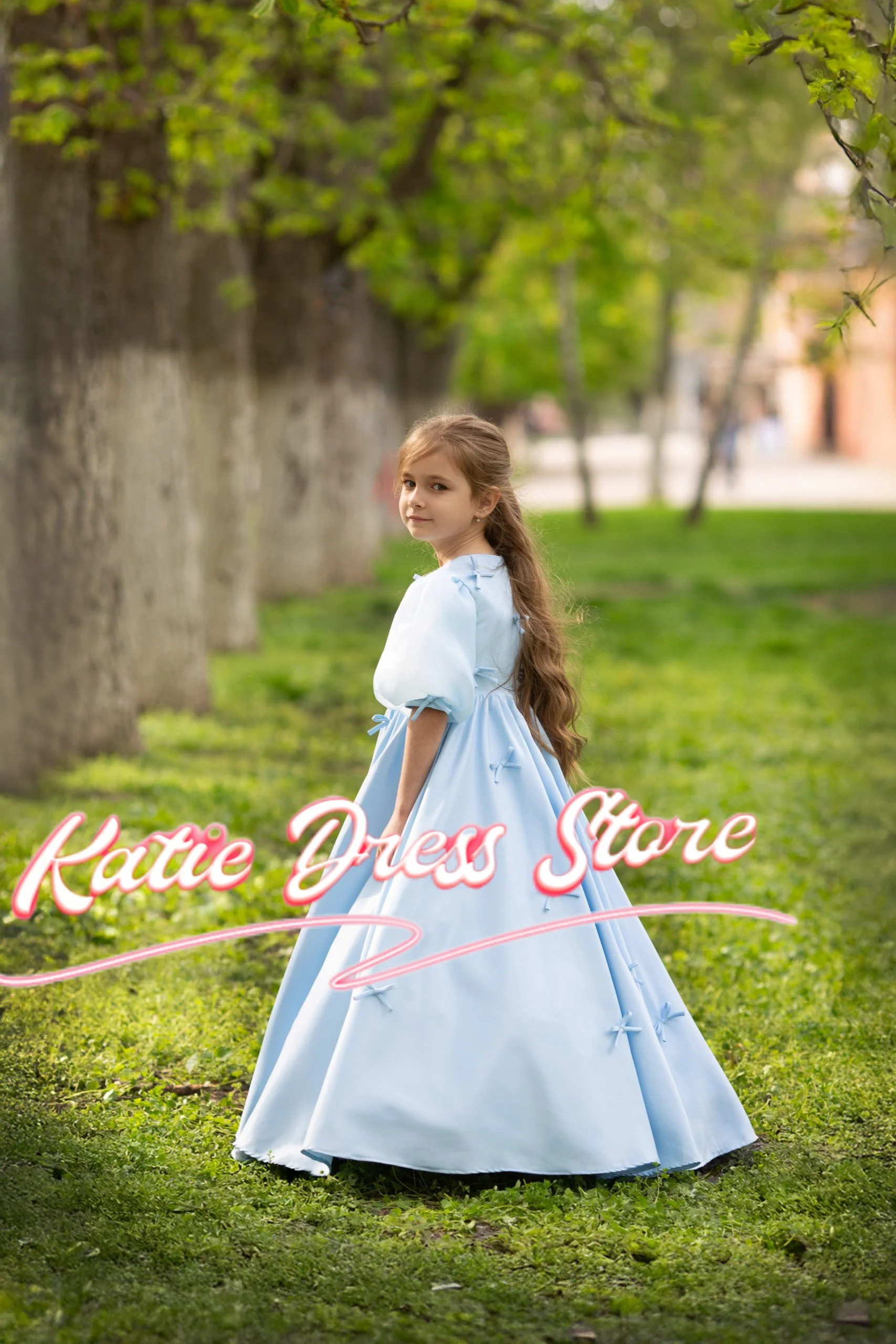 Céu azul cetim flor menina vestido para casamento inchado com arcos princesa crianças festa de aniversário primeira comunhão vestidos de baile personalizado
