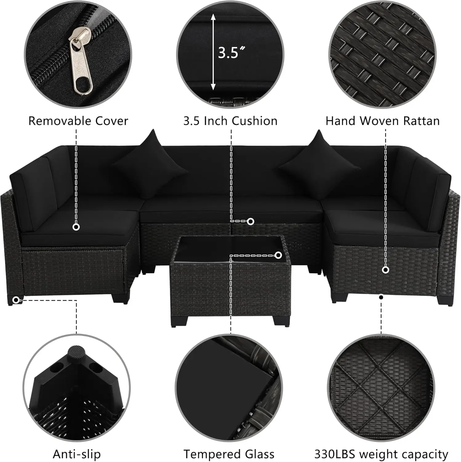 Outdoor Sectional Sofa, Wicker Patio Conversation Set, All-Weather PE Rattan Sectional Sofa with Cushions and Glass Coffee Table