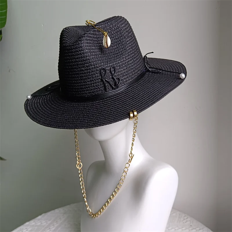 Women's Beach Hat Black Letter Ribbon Decoration Elegant Women's Party Dress Hat Travel Beach Sun Hat