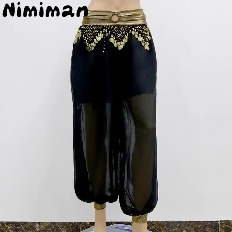 Belly Dance Costume Pants Fashionable Sequins Chiffon Hanging Coins Lantern Pants Dance Performance Costume Dance Pants Adult