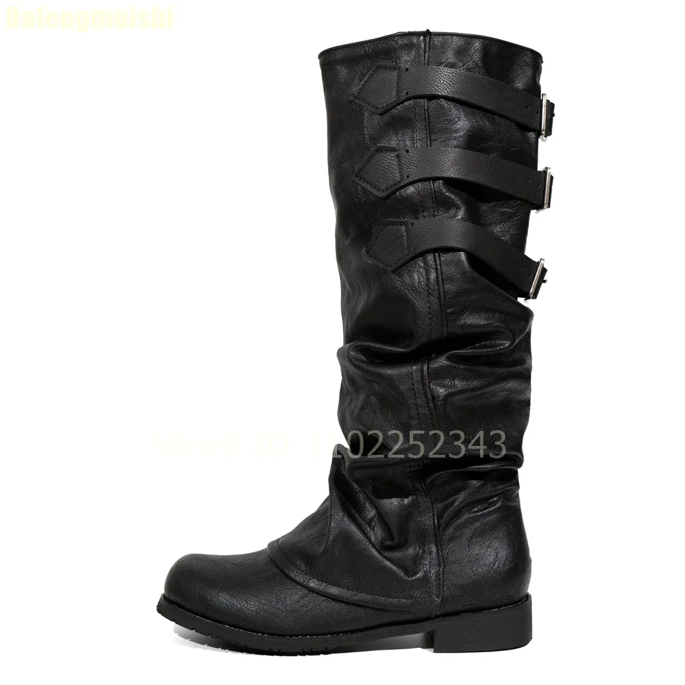 

Black Turned-Over Edge Pleated Boots Women Platform Belt Buckle Retro Work Boots Round Toe Winter Fashion Women Knee-High Boots