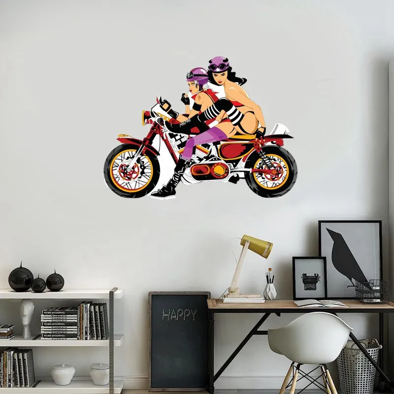 W1320 Fashionable Hot Girls Ride a Motorcycle Wall Sticker Waterproof Decal PVC Home Decoration Door Living Room Toile Bedroom